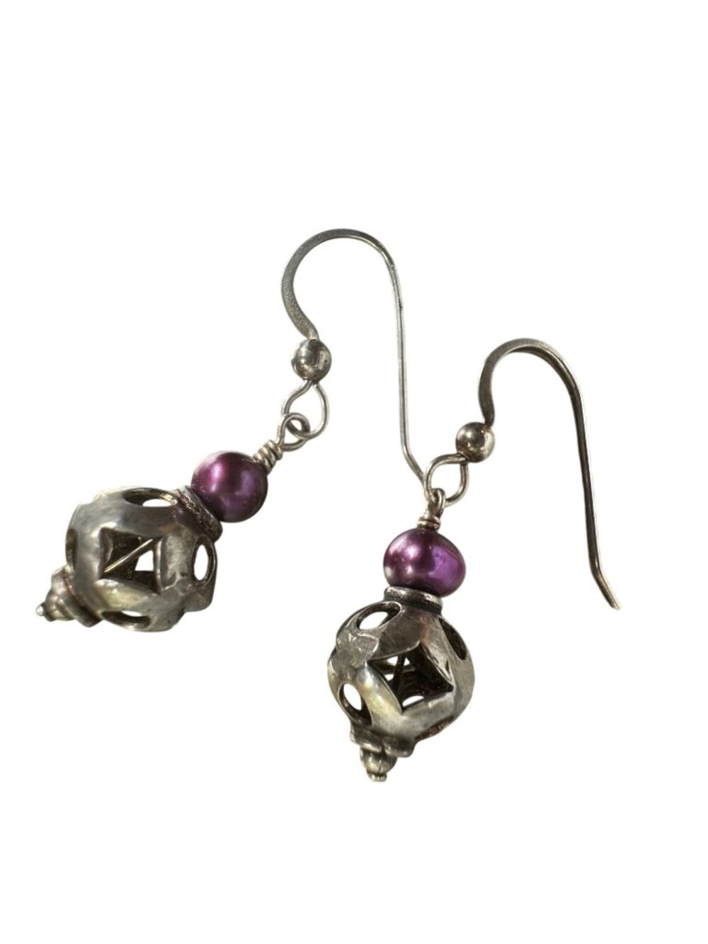 Unmarked Silver Dangle Earrings With Purple Beads & Openwork Design 3.18g
